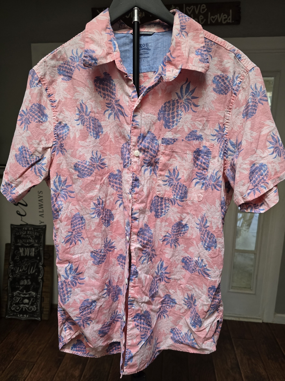 Izod Pink Short-Sleeve Pineapple Print Button-Down Shirt